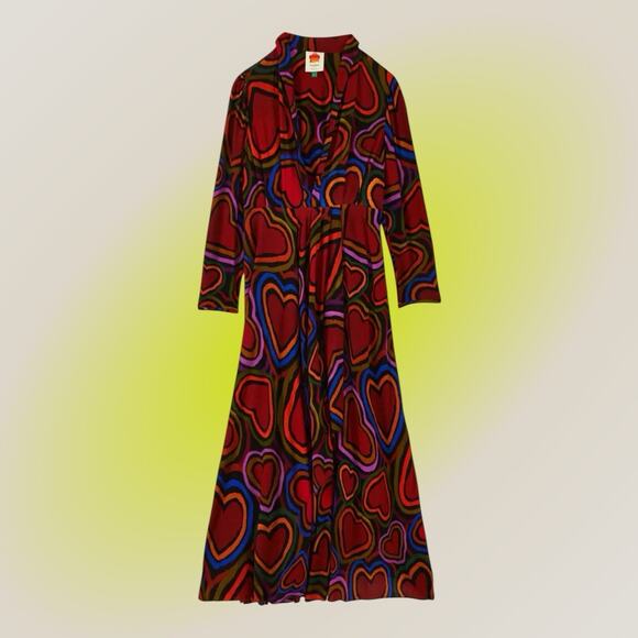 Farm Rio Rainbow Wild Hearts Maxi Dress Womens XS 0 2 Long Sleeve Red - Picture 11 of 16